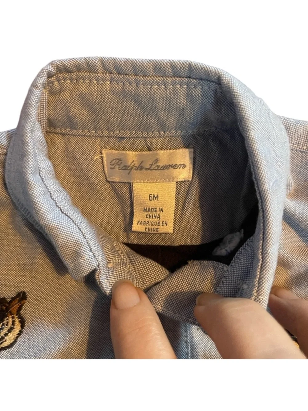 Ralph Lauren Light Blue Embroidered & Fully Lined Cotton One Piece | 6 Months